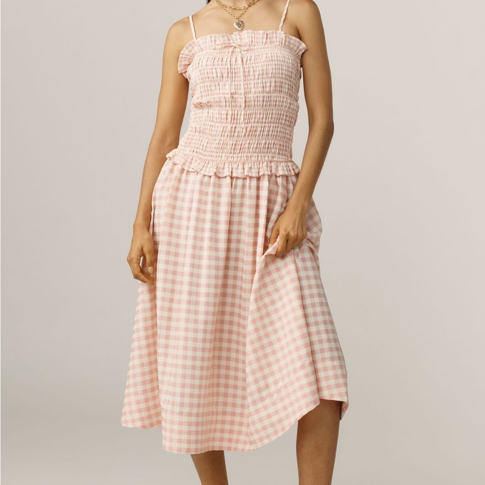 For Love & Lemons Pink Gingham Smocked Midi Dress